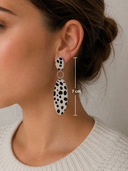 Boucles d'oreilles léopard noir & blanc – Tissu liège & acier inoxydable