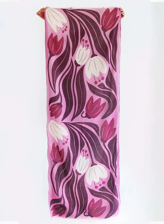 Grande écharpe motif tulipe rose prune en coton bio