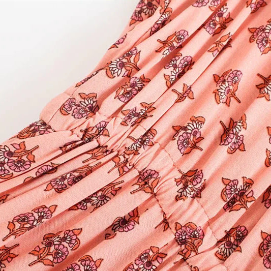 Robe longue imprimée bohème – Col V, manches courtes