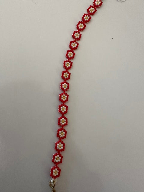 Bracelet tissé fleurs de cerisier – Perles Miyuki rouge, écru & jaune