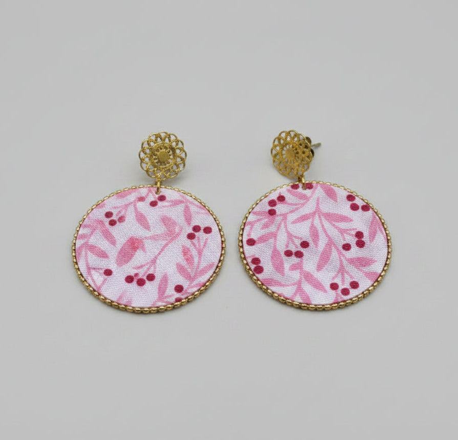 Boucles d'oreilles rondes motif feuilles roses