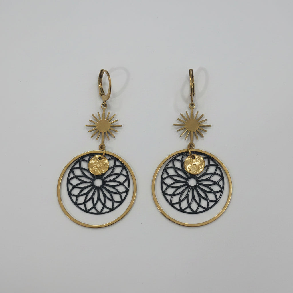Boucles d'Oreilles Soleil & Rosace Ajourée – Acier Doré