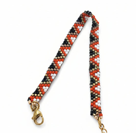 Bracelet Tissé Perles Miyuki – Noir, Doré, Rouge & Écru