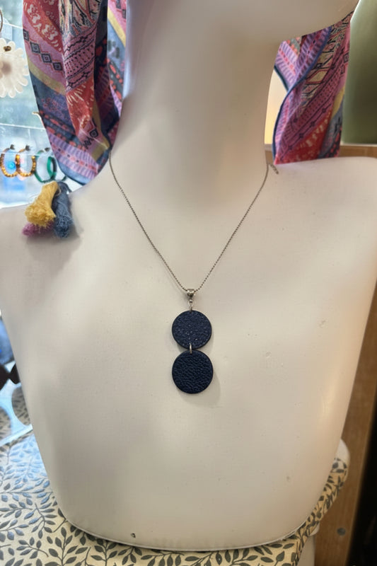 Collier Pendentif Ronds Cuir Bleu Brillant — Acier Inoxydable