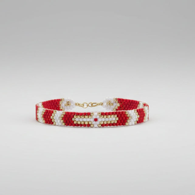 Bracelet Tissé Perles Miyuki – Rouge, Écru & Doré