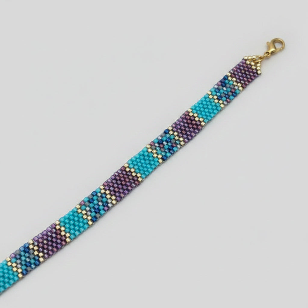 Bracelet Tissé à Rayures Agatha – Perles Miyuki Dorées & Turquoise
