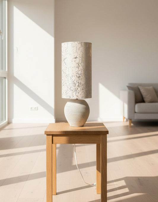 Lampe Upcyclée Abat-Jour Beige & Argenté — Pièce Unique