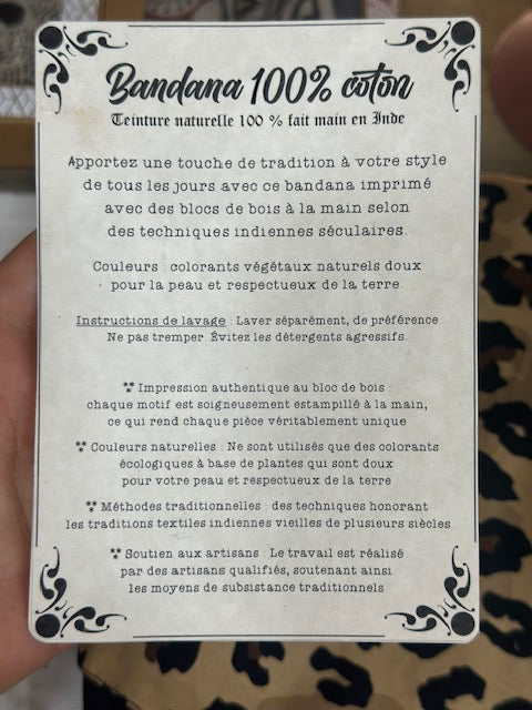 Bandana 100% coton fait en Inde – Motifs ethniques noir, brun & beige