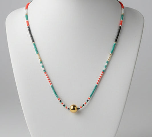 Collier de Perles de Rocailles Miyuki – Turquoise, rouge & doré, fait main