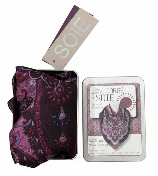 Grand Carré en Soie 105×105 cm – Imprimé rose & violet, coffret alu inclus