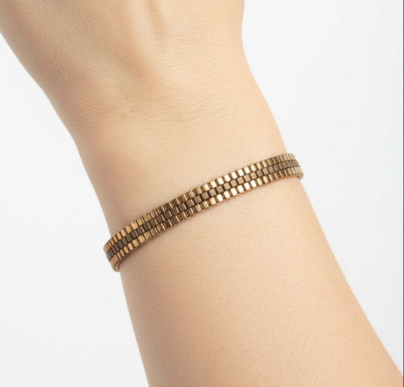 Bracelet Tissé Perles cubes Bronze & Mordoré