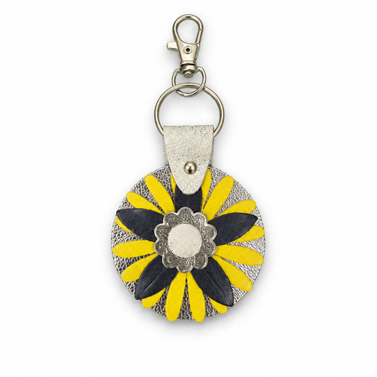 Porte-clés / bijou de sac en cuir à fleurs jaune, noire et argentée