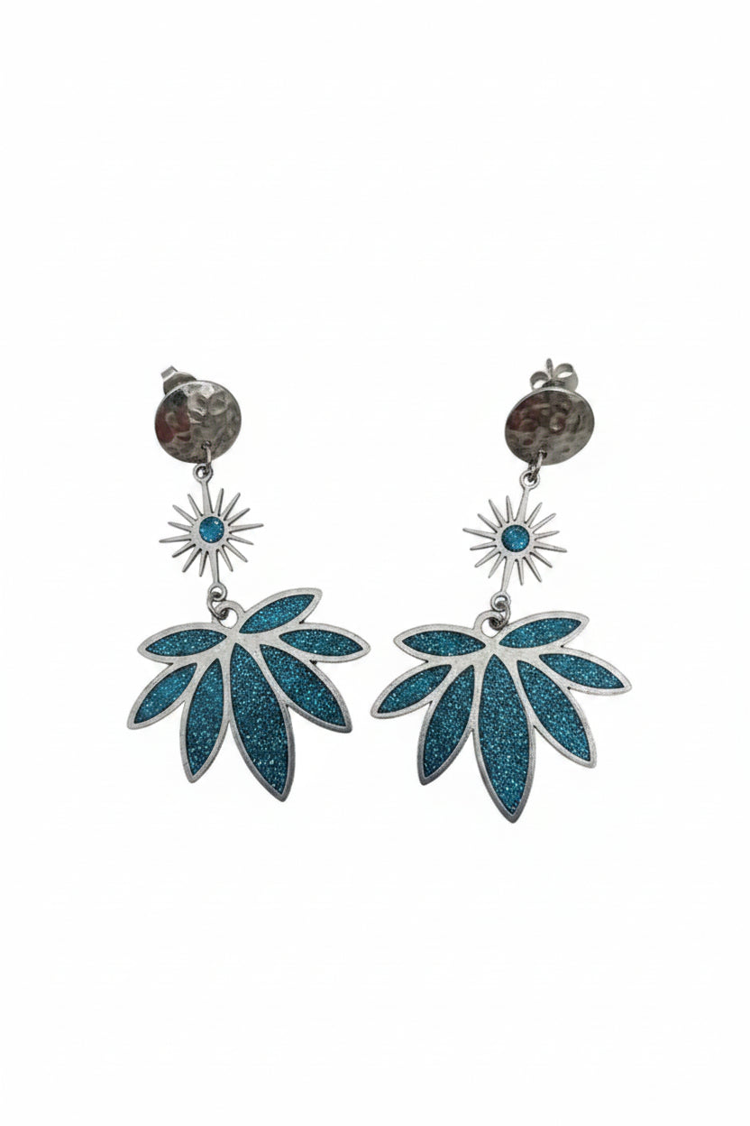 Boucles d'Oreilles Florales – Acier Inoxydable & Résine Bleue Pailletée