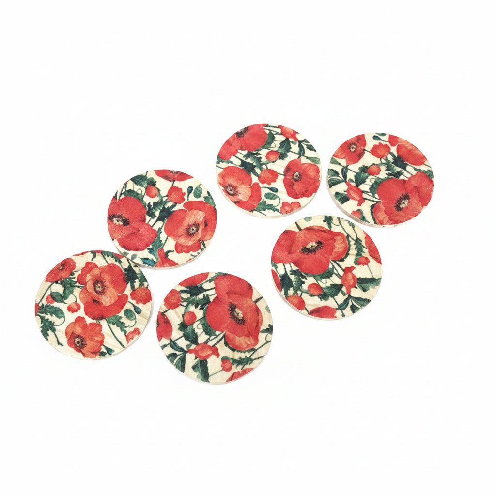 Lot de 6 sous-verres bambou & résine – Motif coquelicots – Déco table fait main
