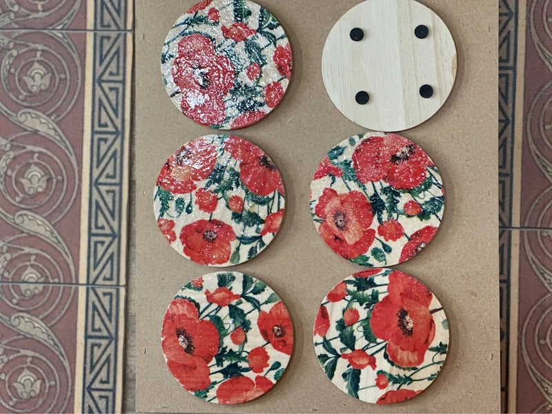 Lot de 6 sous-verres bambou & résine – Motif coquelicots – Déco table fait main