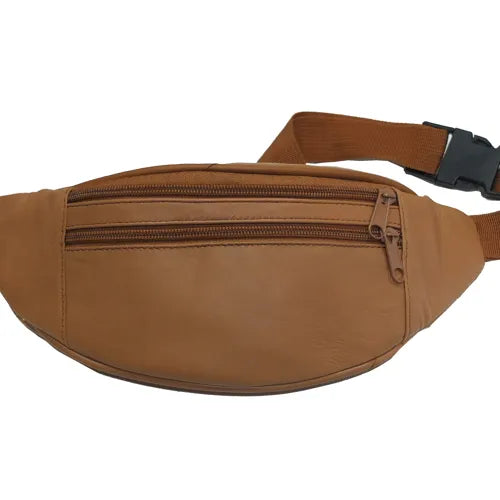 Pochette banane cuir agneau – 2 zips devant, 1 zip derrière – Bordeaux ou Camel
