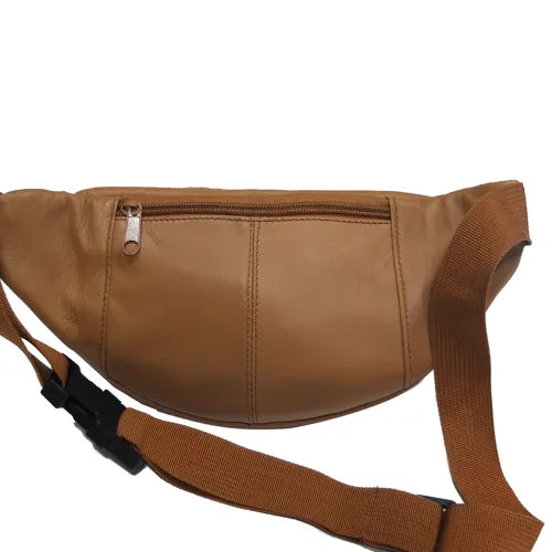 Pochette banane cuir agneau – 2 zips devant, 1 zip derrière – Bordeaux ou Camel