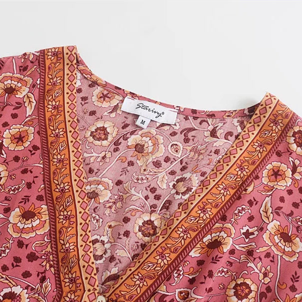 Robe longue imprimée bohème  – Col V, manches courtes