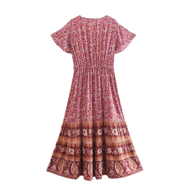 Robe longue imprimée bohème  – Col V, manches courtes