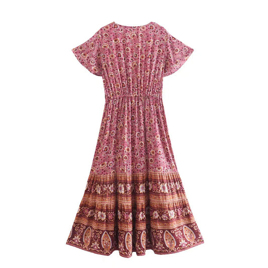 Robe longue imprimée bohème  – Col V, manches courtes