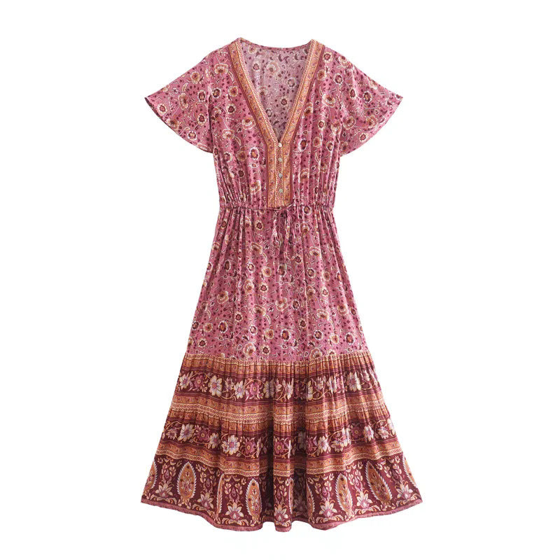Robe longue imprimée bohème  – Col V, manches courtes
