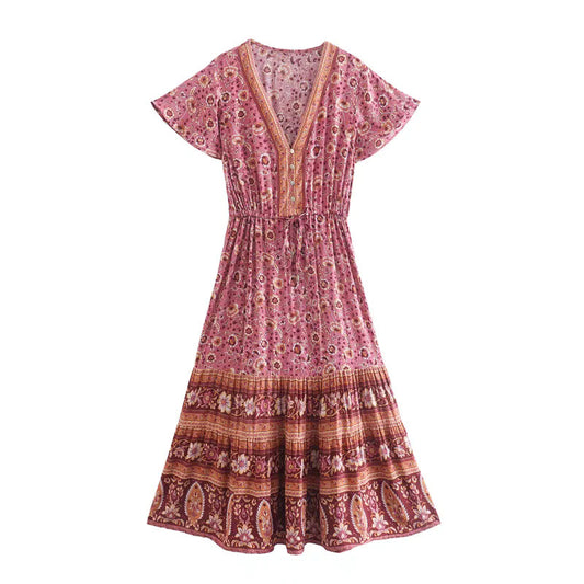 Robe longue imprimée bohème  – Col V, manches courtes