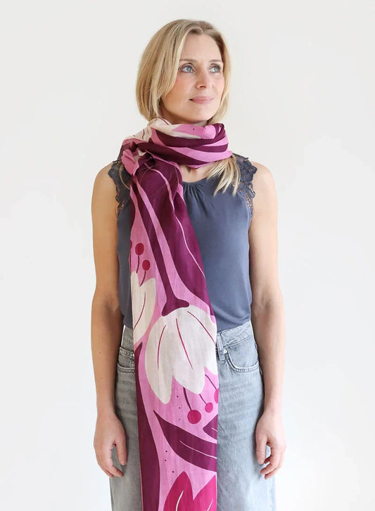 Grande écharpe motif tulipe rose prune en coton bio