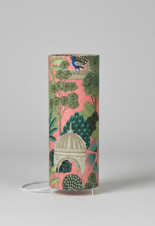 Lampe d'appoint – Socle cylindrique & tissu indien vert et rose
