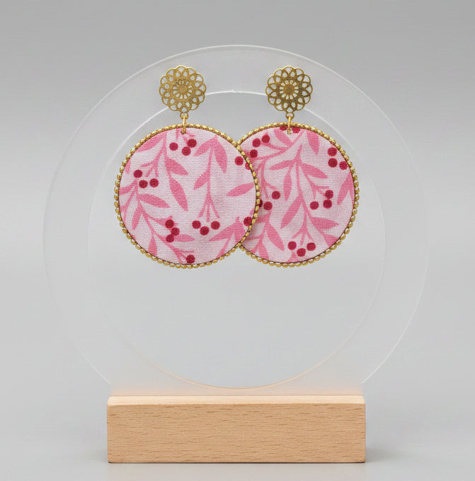 Boucles d'oreilles rondes motif feuilles roses