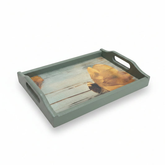 Tablett aus recyceltem Holz – abstraktes gelbes Blumenmuster