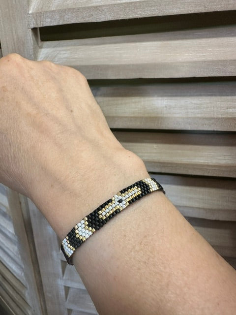 Bracelet Tissé Perles Miyuki – Noir Mat, Écru & Doré
