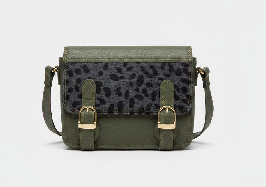 Sac Style Cartable en Cuir – Kaki & Empiècement Léopard