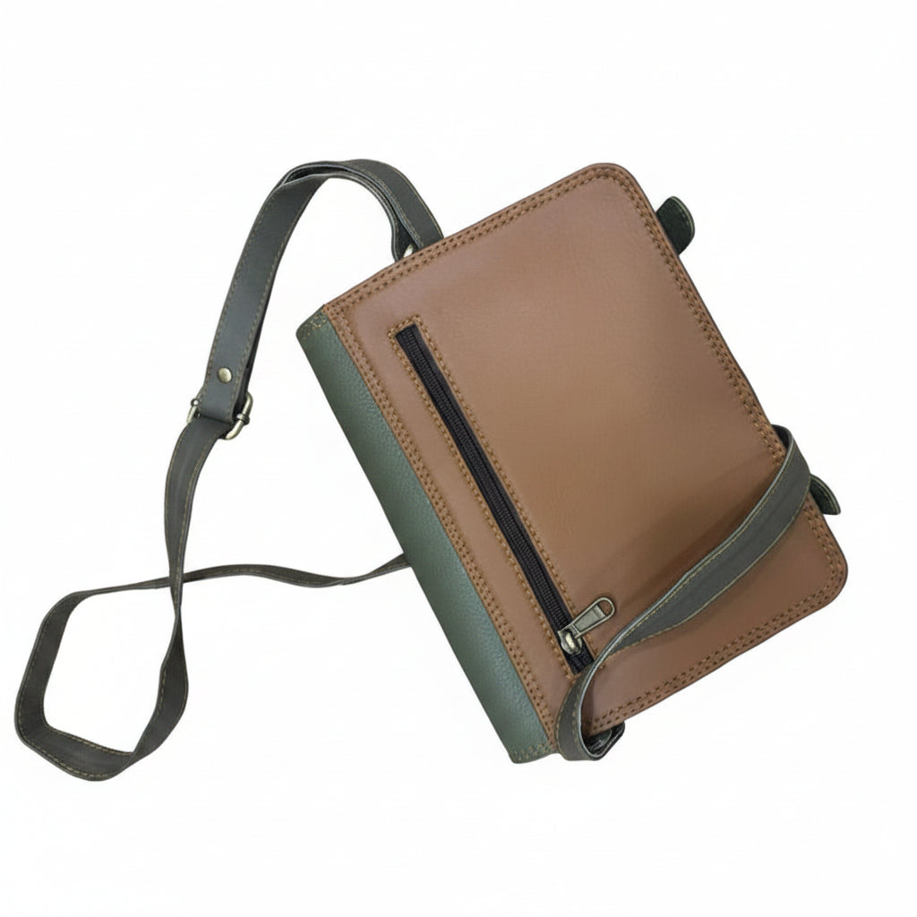 Sac Style Cartable en Cuir – Kaki & Empiècement Léopard