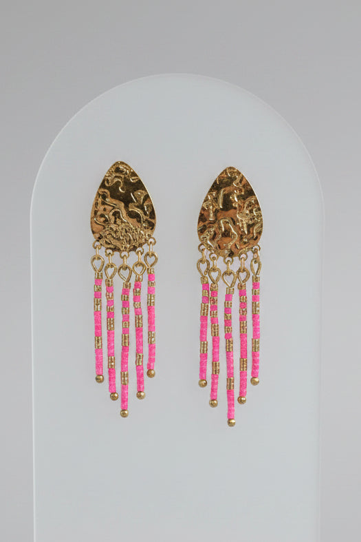 Boucles d'oreilles à clou – Tiges de perles Miyuki rose fluo & doré