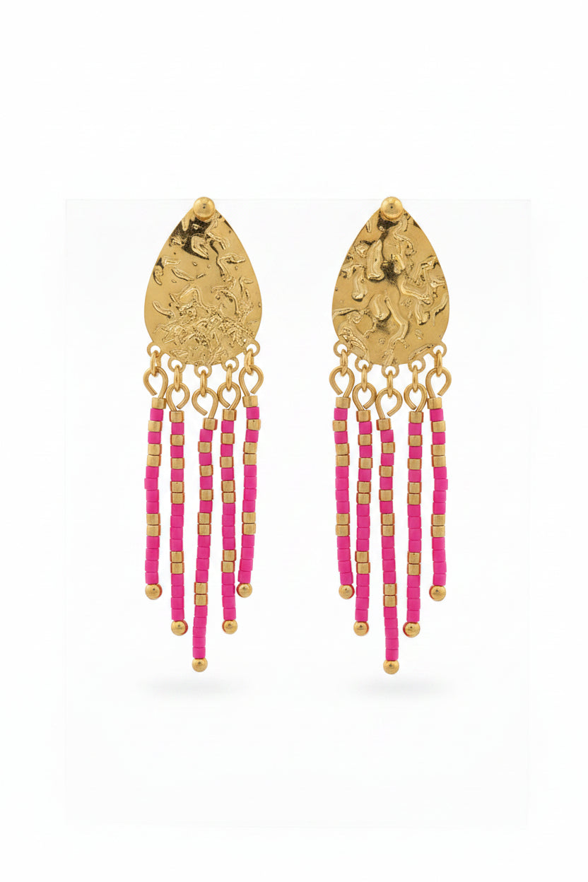 Boucles d'oreilles à clou – Tiges de perles Miyuki rose fluo & doré