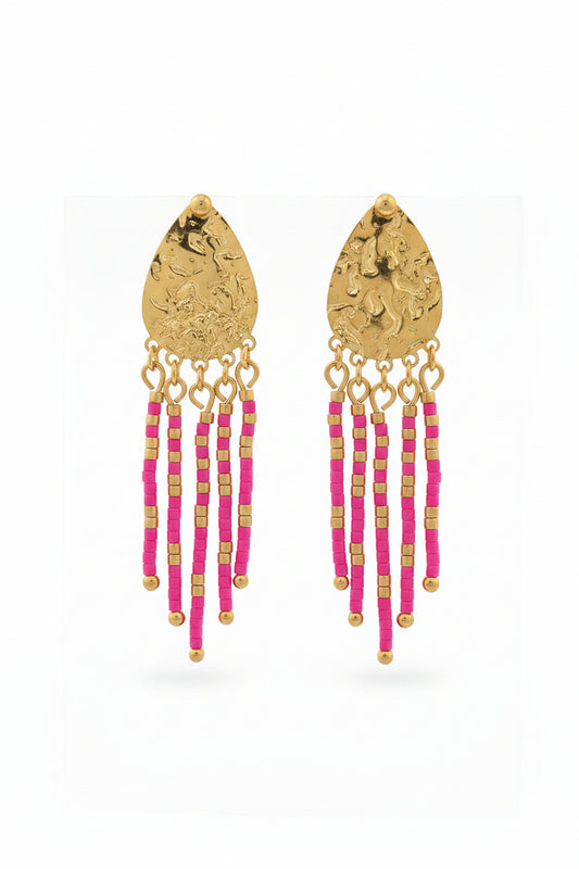 Ohrstecker – Stäbchen aus fluo-rosa und goldfarbenen Miyuki-Perlen