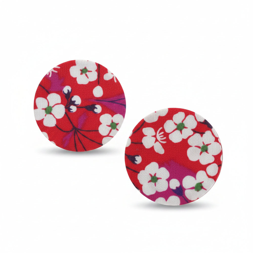 Boucles d'oreilles rondes – Tissu fleur de cerisier rouge sur cuir