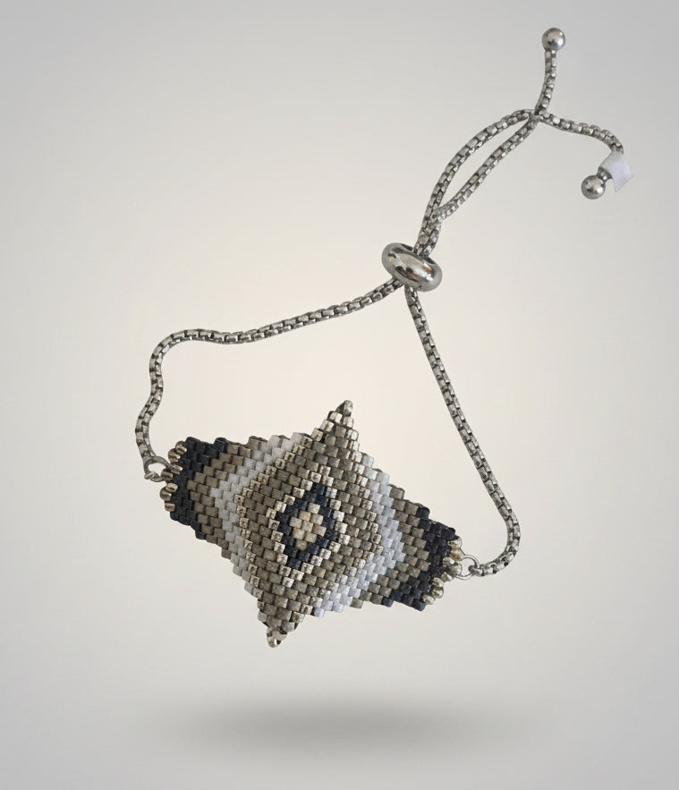 Bracelet tissé géométrique – Perles Miyuki gris, noir & écru