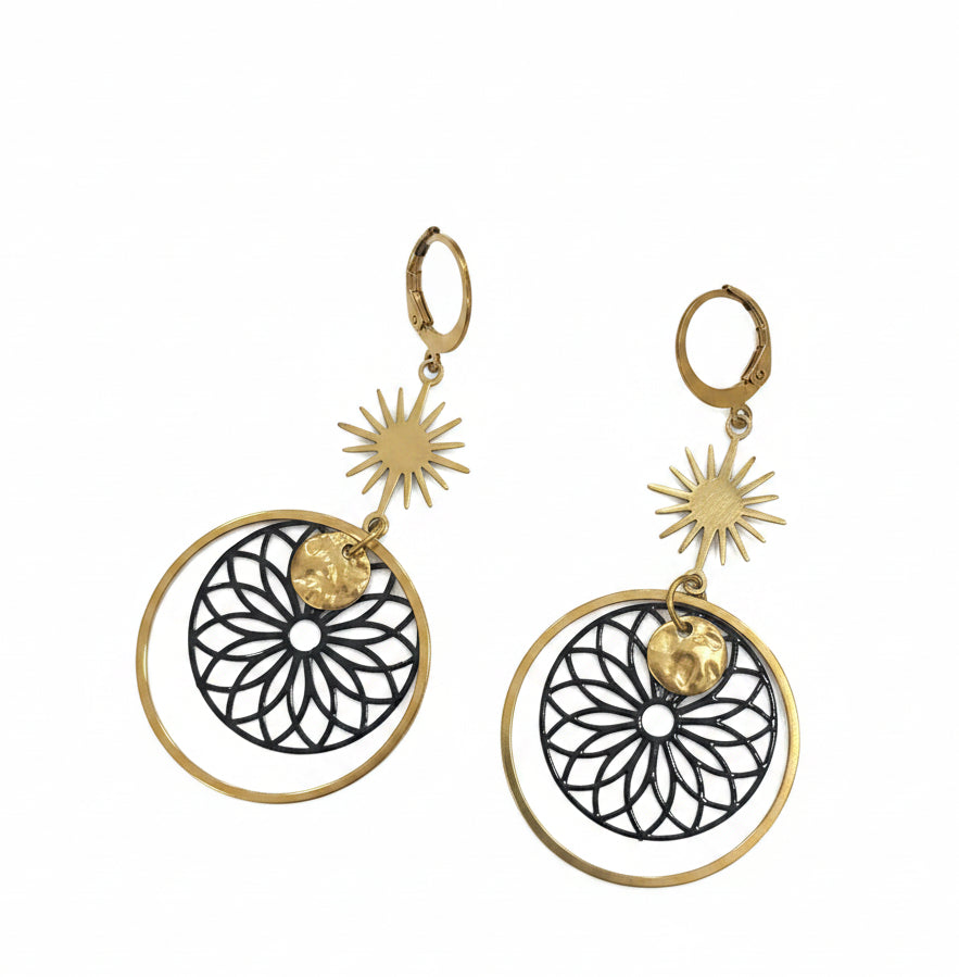 Boucles d'Oreilles Soleil & Rosace Ajourée – Acier Doré