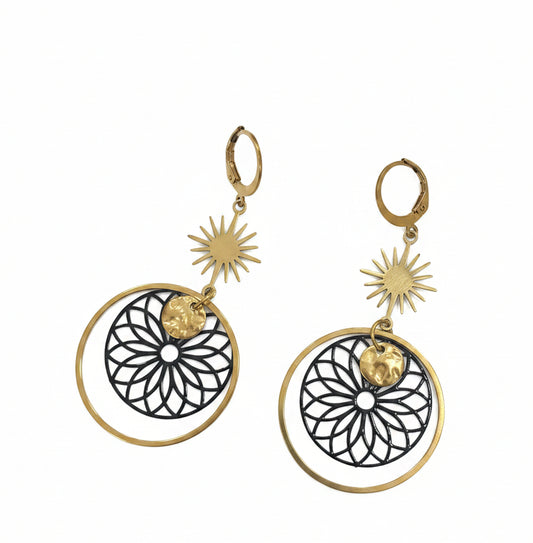 Boucles d'Oreilles Soleil & Rosace Ajourée – Acier Doré