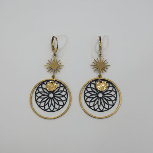 Boucles d'Oreilles Soleil & Rosace Ajourée – Acier Doré