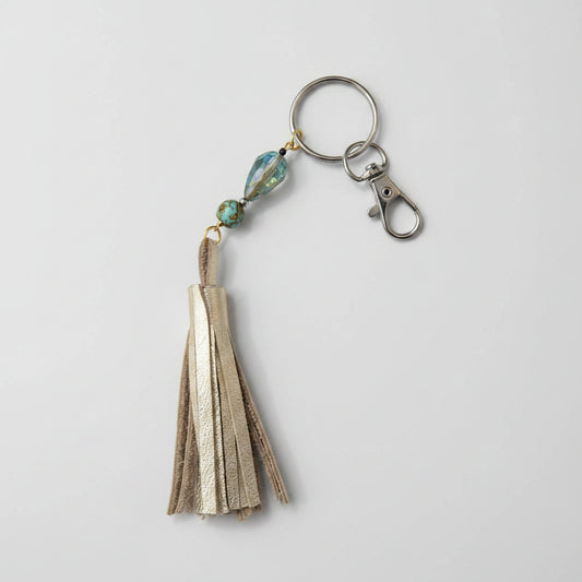 Porte-clés & Bijou de Sac — Pompon Cuir Doré & Perles