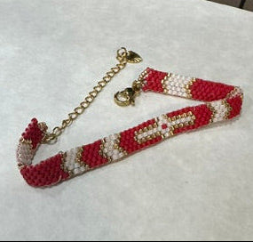 Bracelet Tissé Perles Miyuki – Rouge, Écru & Doré