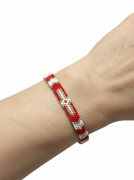 Bracelet Tissé Perles Miyuki – Rouge, Écru & Doré