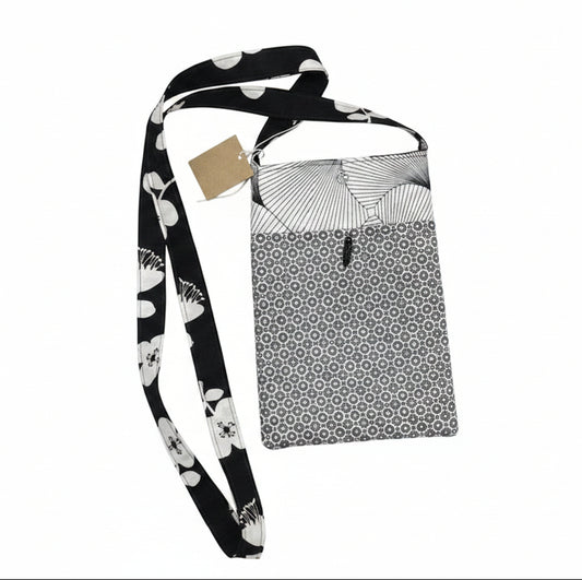 Pochette Téléphone en Tissu – Noir & Blanc, Bandoulière Longue