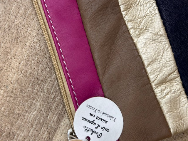 Pochette Cuir d’Agneau – Rose Prune, Taupe & Corail