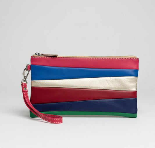 Pochette Cuir d’Agneau – Bandes Multicolores & Anse
