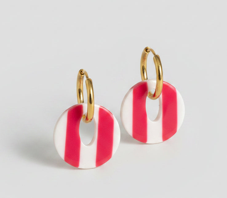 Mini Créoles & Breloque Rayée Rose Blanc