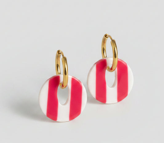 Mini Créoles & Breloque Rayée Rose Blanc