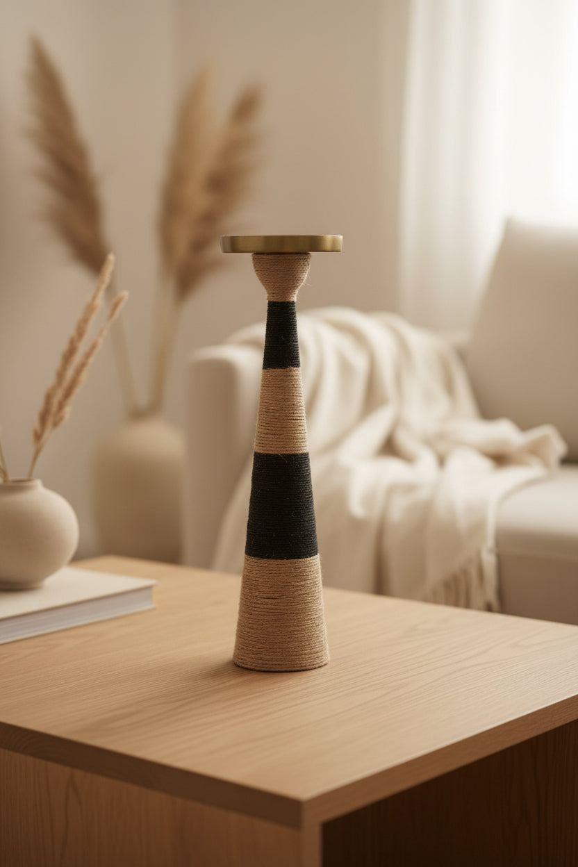 Grand Bougeoir Upcyclé en Métal Doré – Corde Naturelle & Noire
